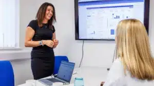 Sam at the office in Abingdon having a presentation